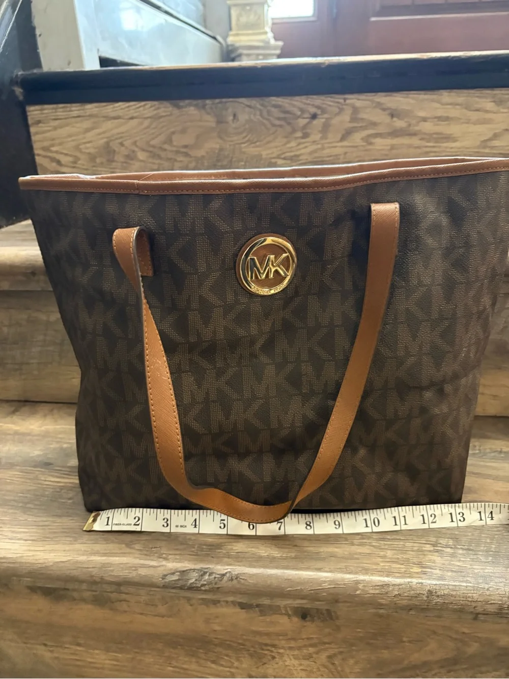 Michael Kors Brown Logo Tote with Tan Straps and Gold MK Emblem